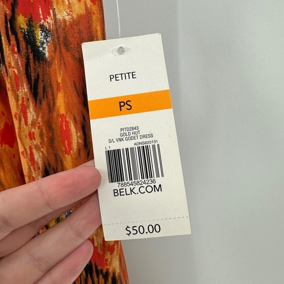 NWT Kim Rogers Orange Printed Short Sleeve Scoop Neck Godet Casual Dress Size PS - Picture 5 of 10